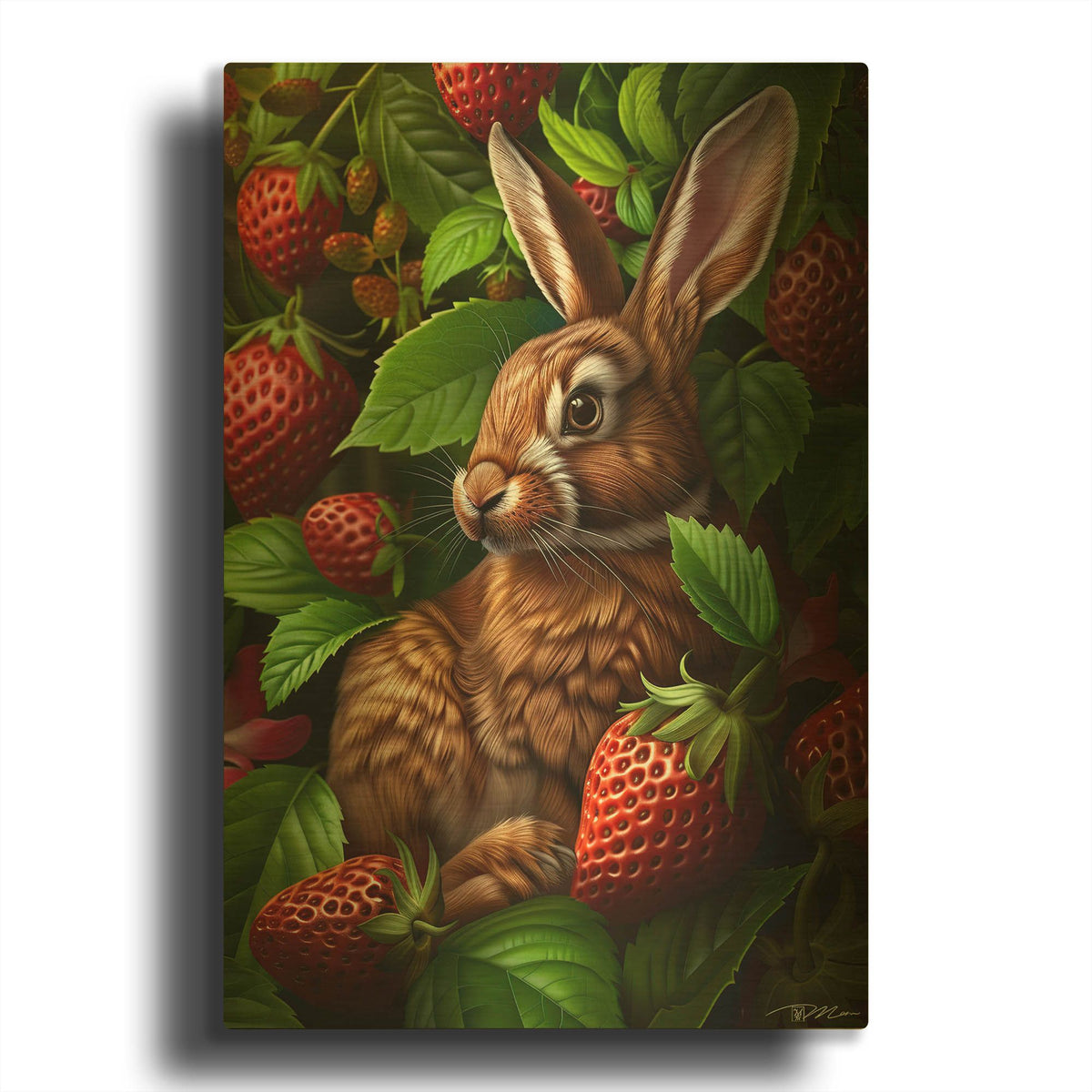 'Rabbit Among The Strawberries' By Momart Gold Metal Wall Art