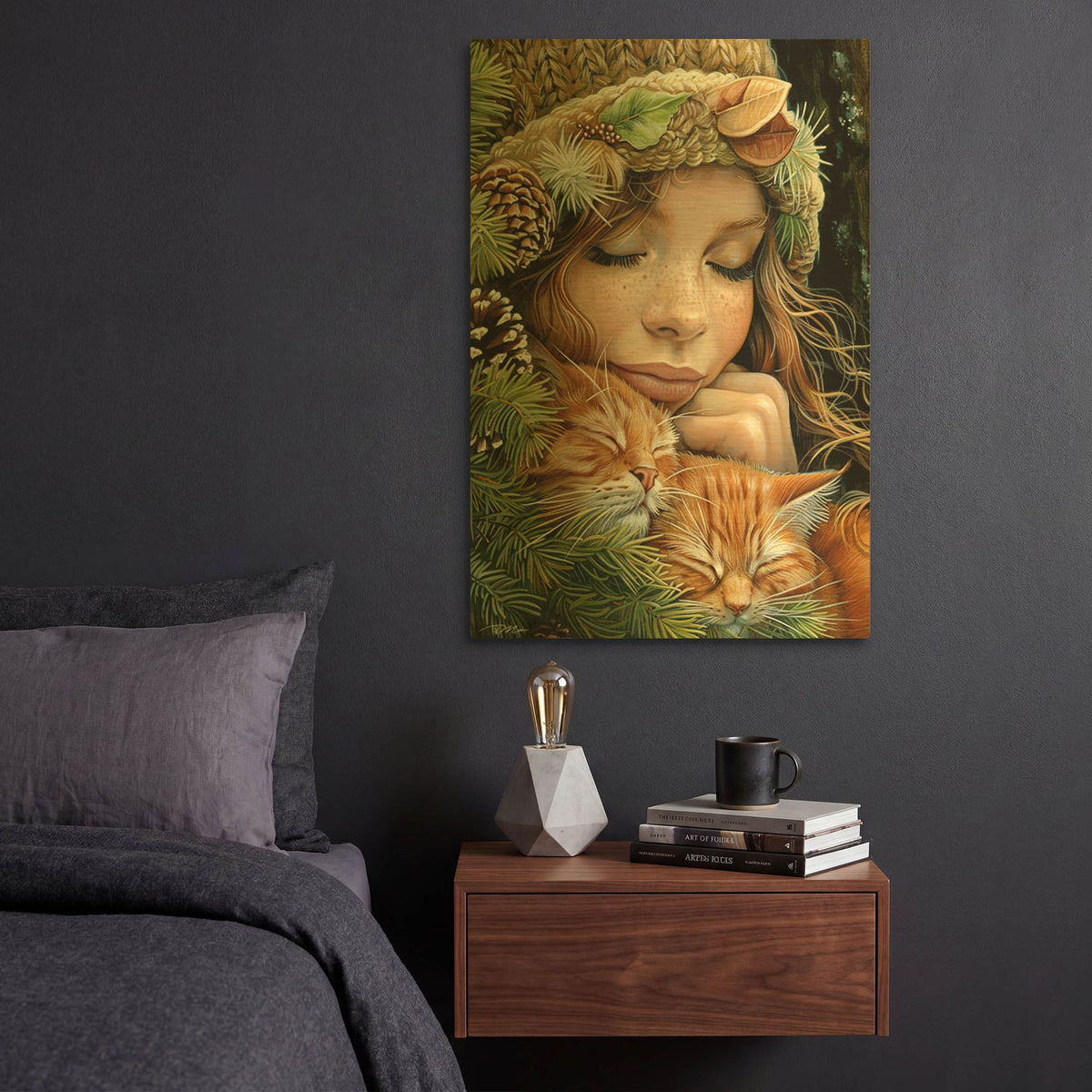 'Rest With Red Cats' By Momart Gold Metal Wall Art