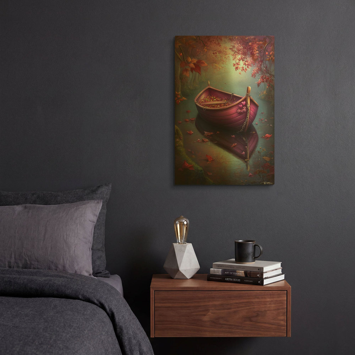 'Romantic Purple Boat On The River' By Momart Gold Metal Wall Art