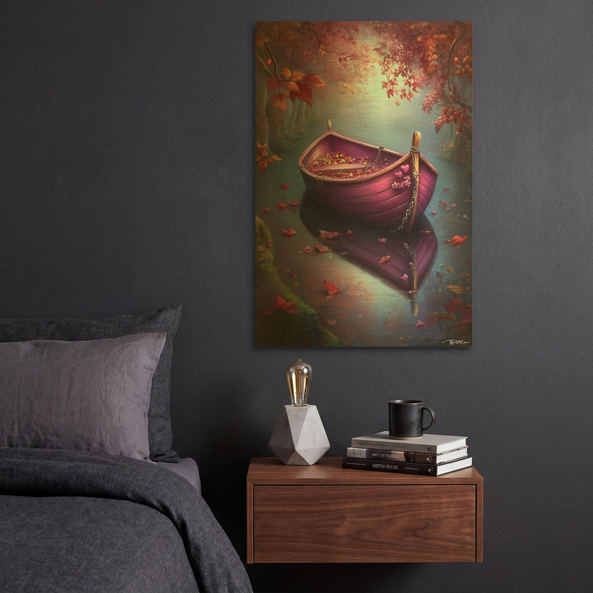 'Romantic Purple Boat On The River' By Momart Gold Metal Wall Art