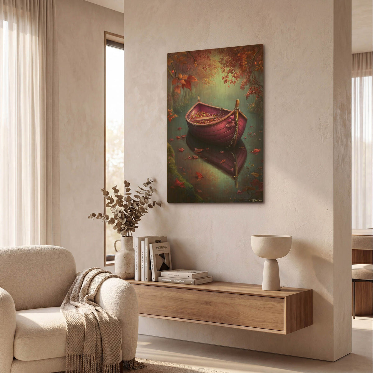 'Romantic Purple Boat On The River' By Momart Gold Metal Wall Art