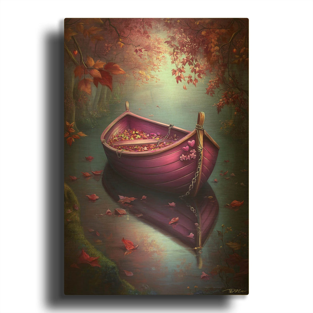 'Romantic Purple Boat On The River' By Momart Gold Metal Wall Art