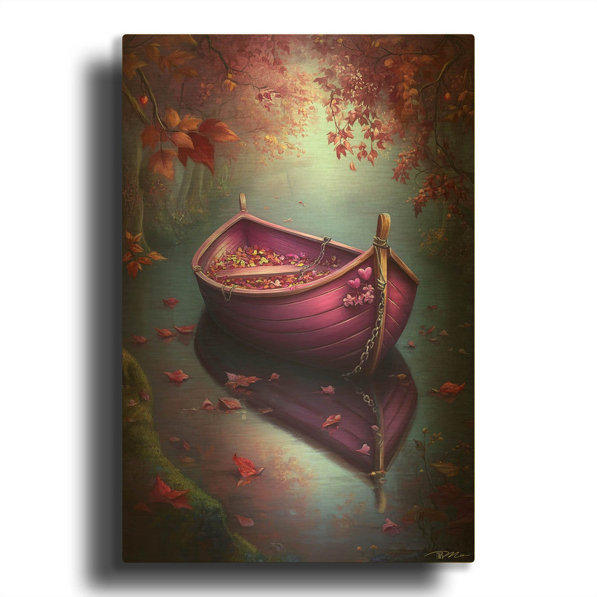 'Romantic Purple Boat On The River' By Momart Gold Metal Wall Art