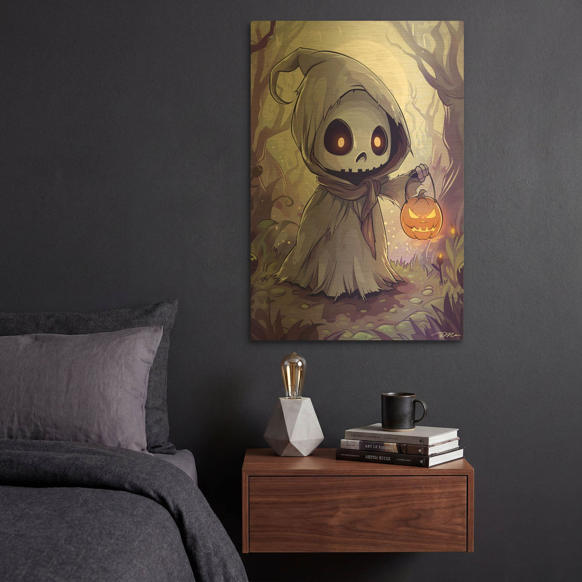'Small Skeleton With Lantern Pumpkin' By Momart Gold Metal Wall Art