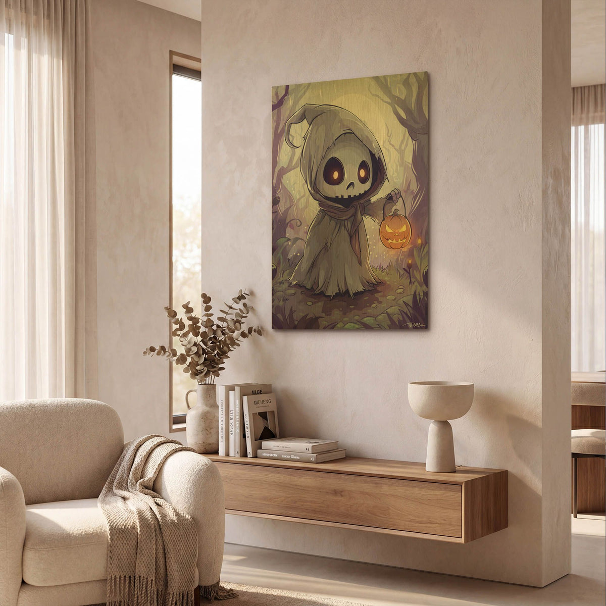 'Small Skeleton With Lantern Pumpkin' By Momart Gold Metal Wall Art