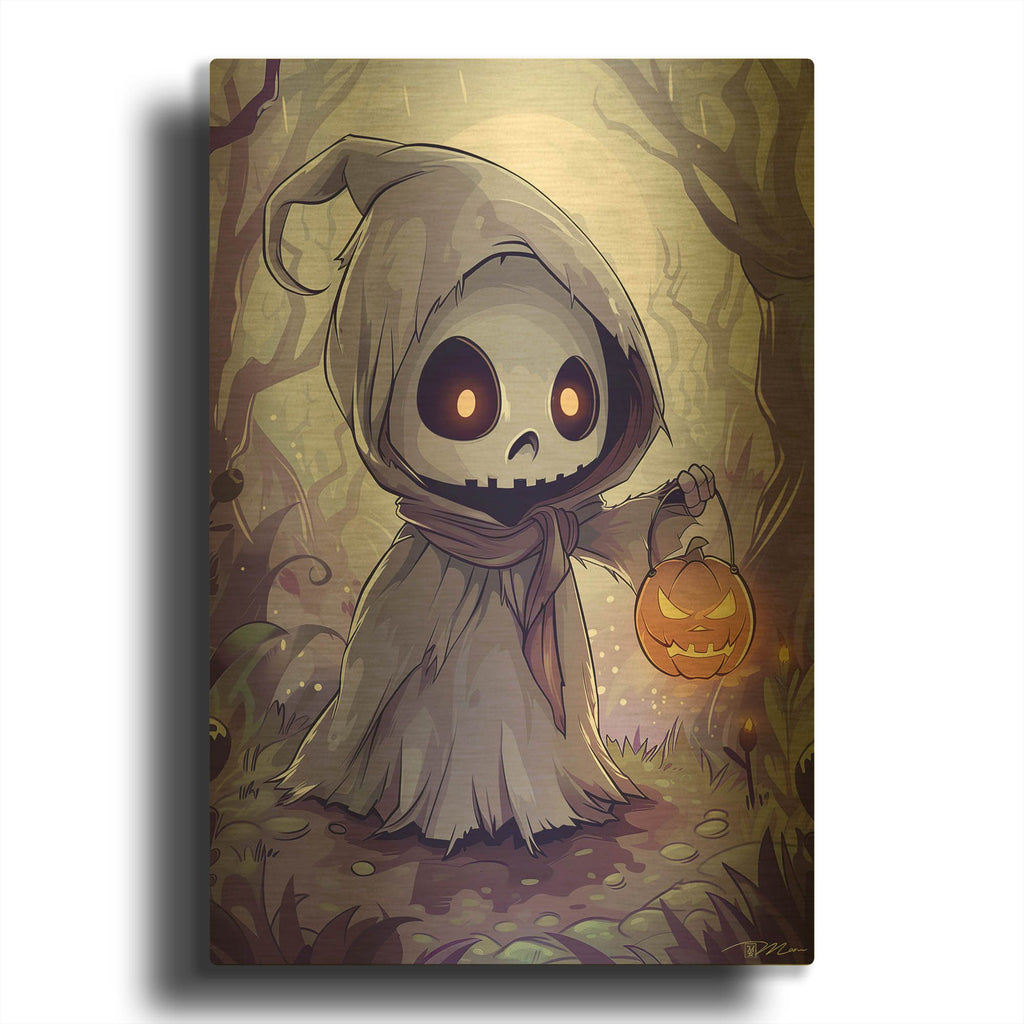 'Small Skeleton With Lantern Pumpkin' By Momart Gold Metal Wall Art