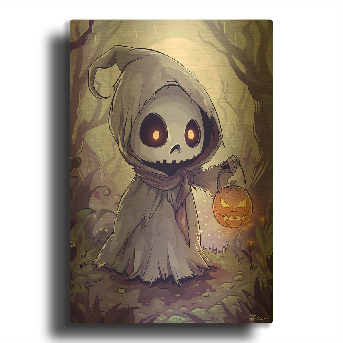'Small Skeleton With Lantern Pumpkin' By Momart Gold Metal Wall Art