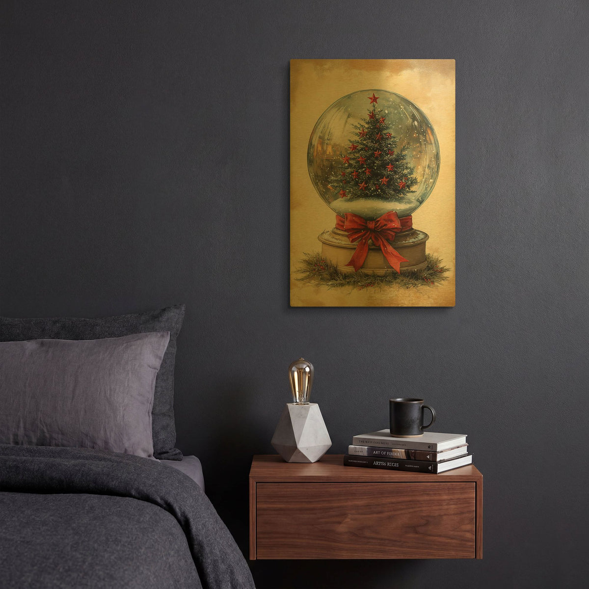 'Snow Globe With Christmas Tree And Stars' By Momart Gold Metal Wall Art