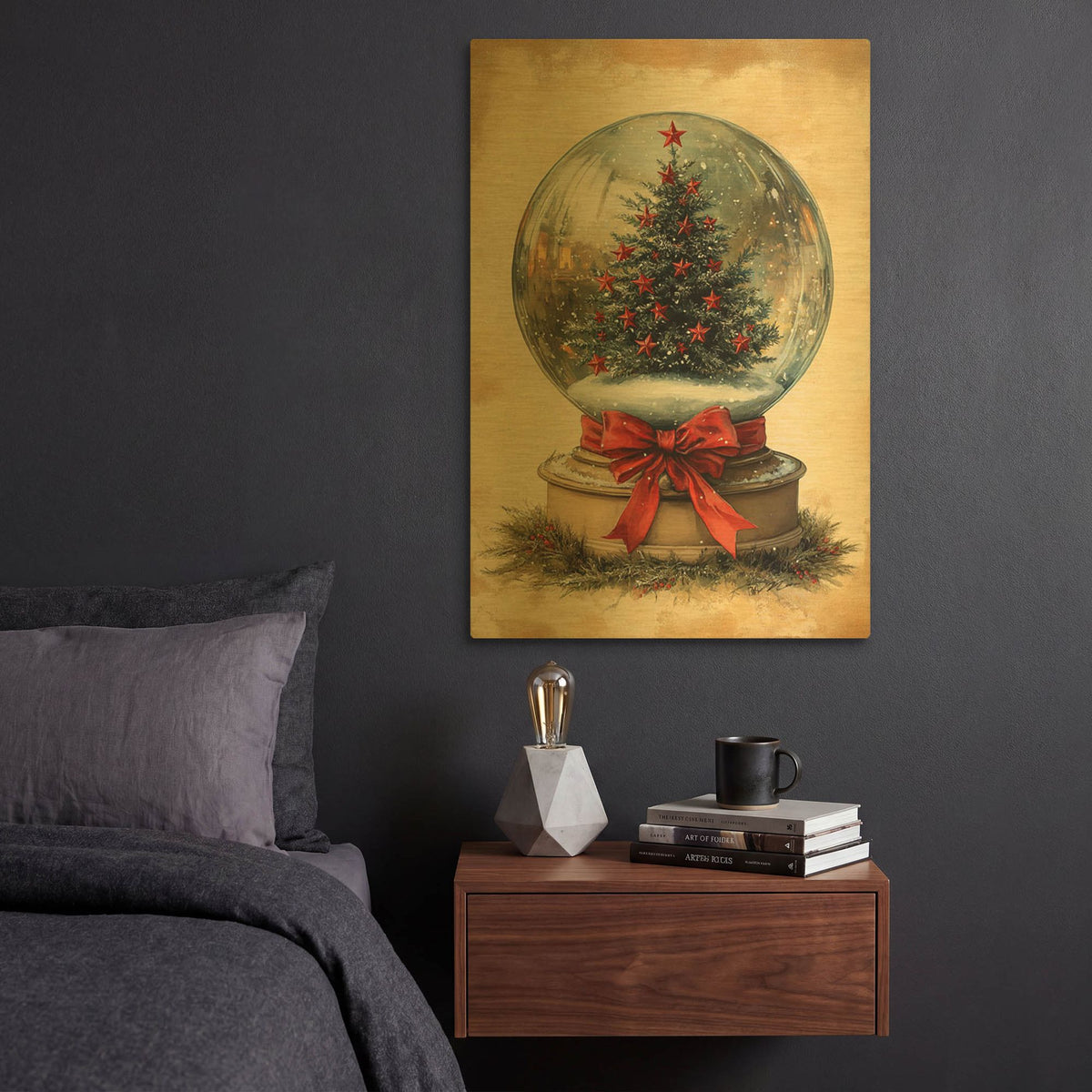 'Snow Globe With Christmas Tree And Stars' By Momart Gold Metal Wall Art