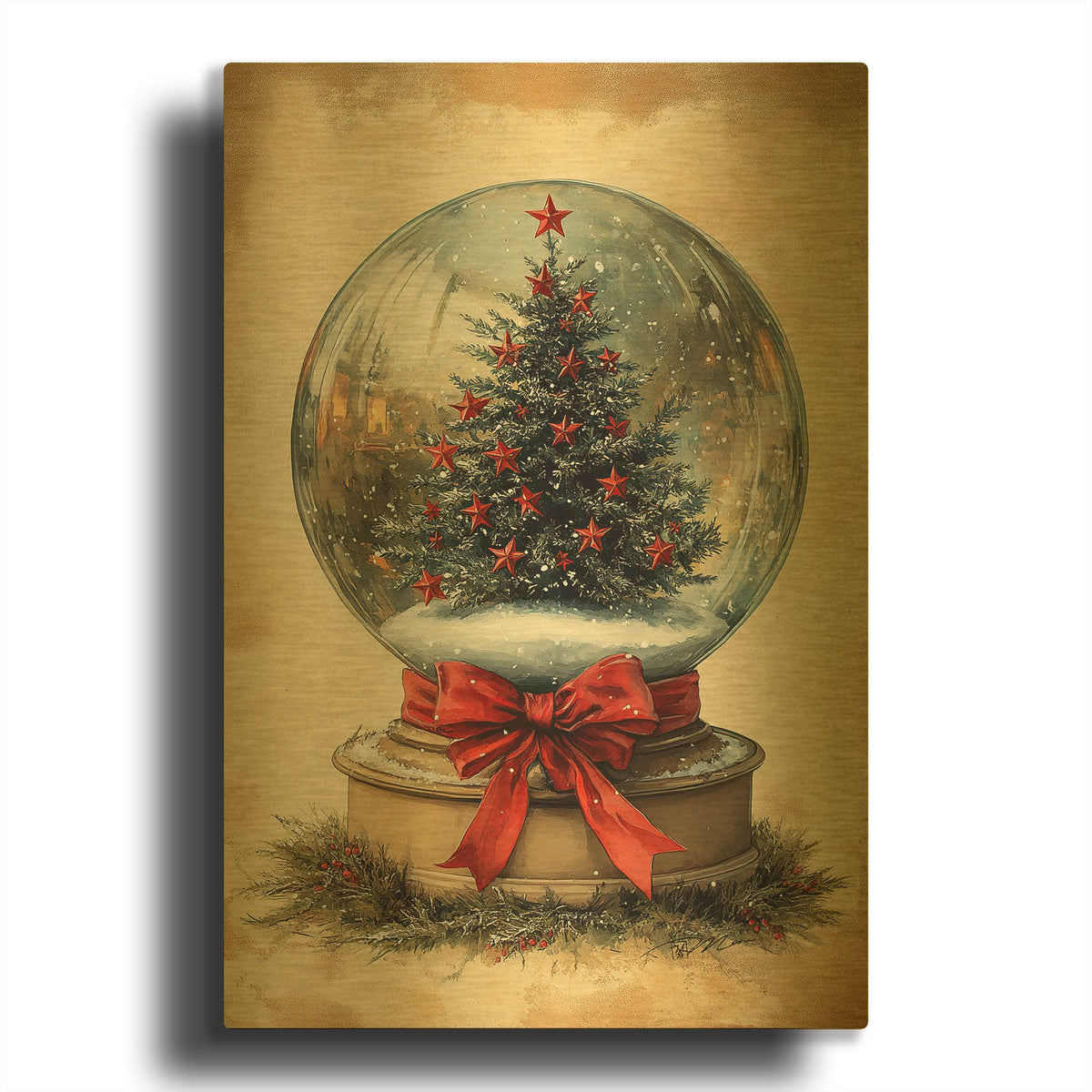 'Snow Globe With Christmas Tree And Stars' By Momart Gold Metal Wall Art