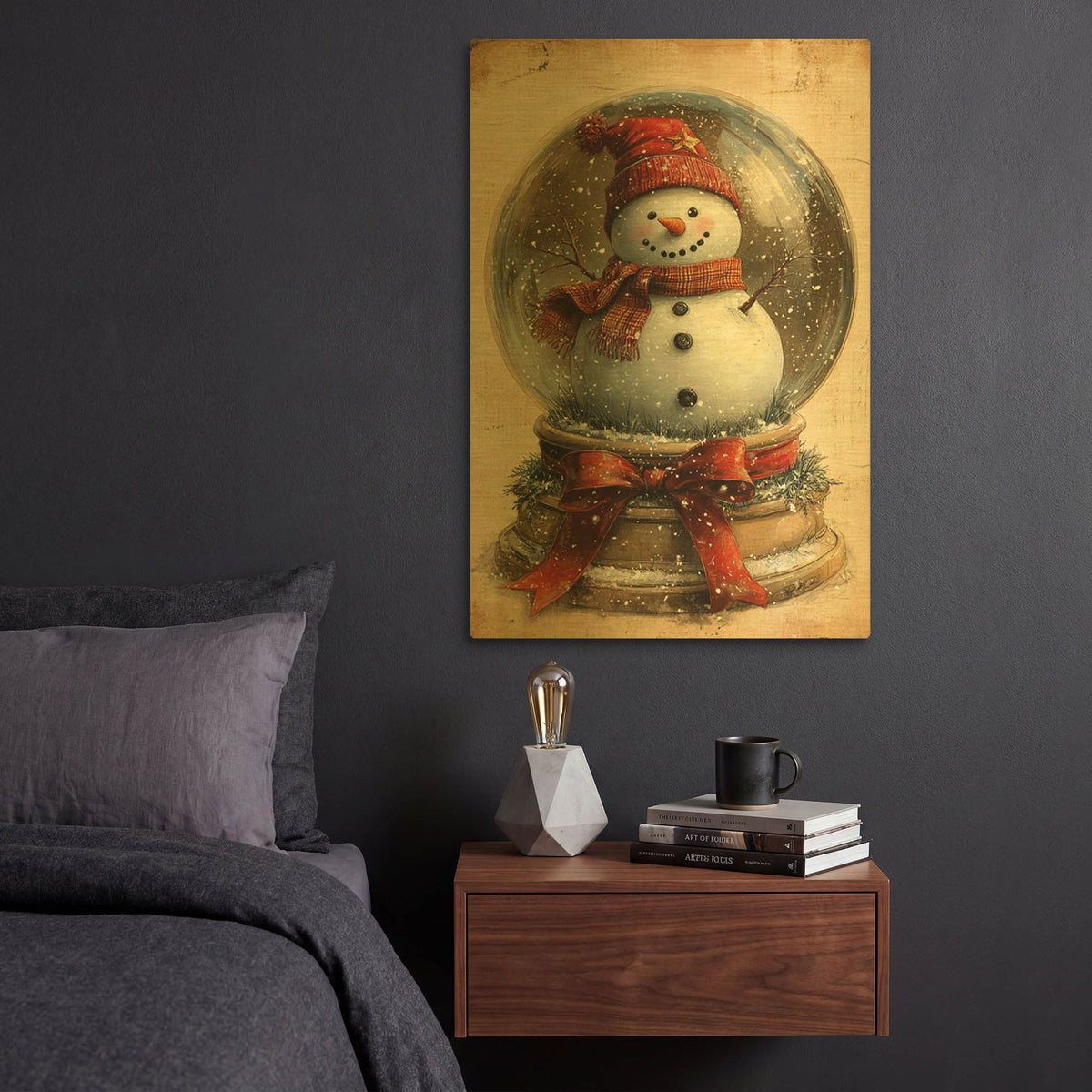 'Snow Globe With Vintage Snowman' By Momart Gold Metal Wall Art