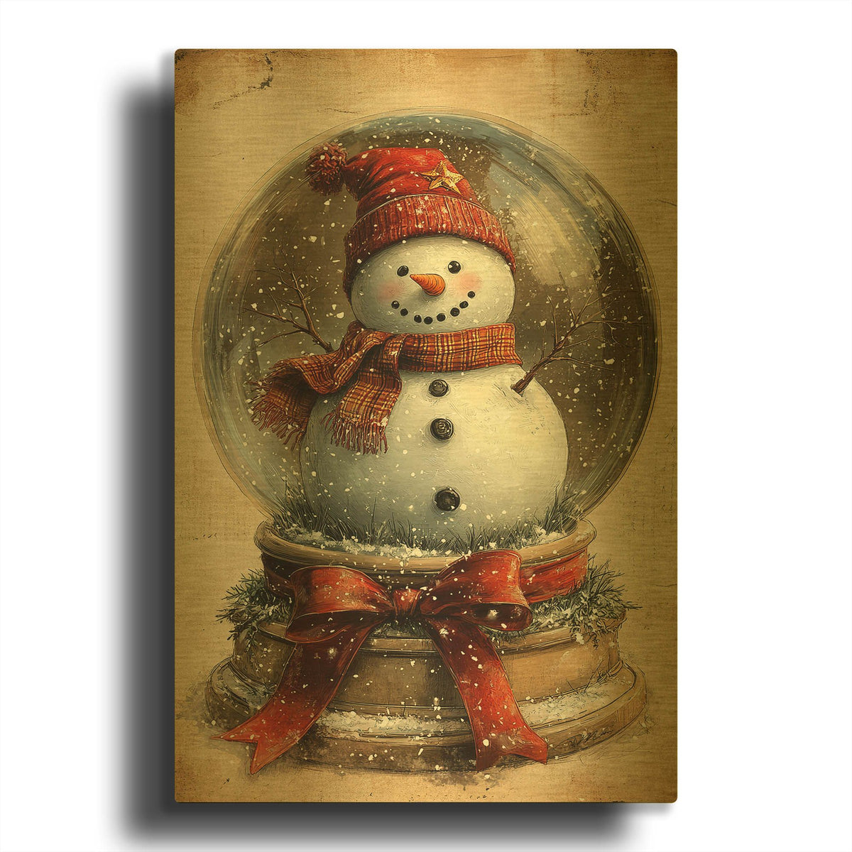 'Snow Globe With Vintage Snowman' By Momart Gold Metal Wall Art