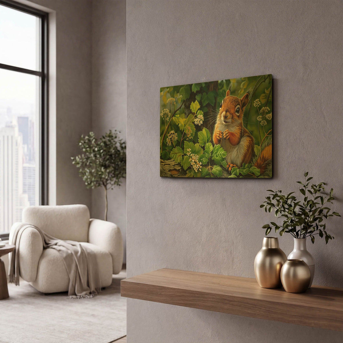 'Squirrel Among The Leaves' By Momart Gold Metal Wall Art