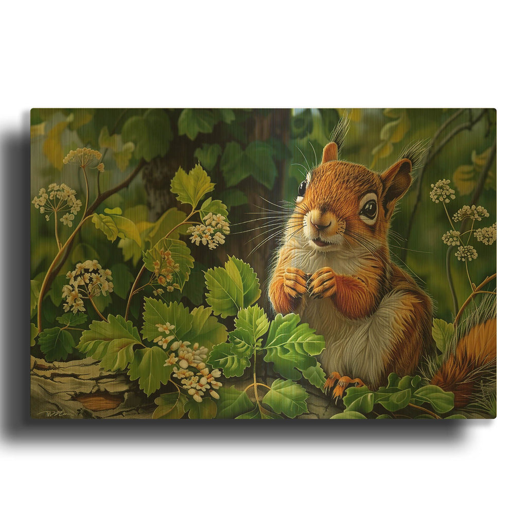 'Squirrel Among The Leaves' By Momart Gold Metal Wall Art