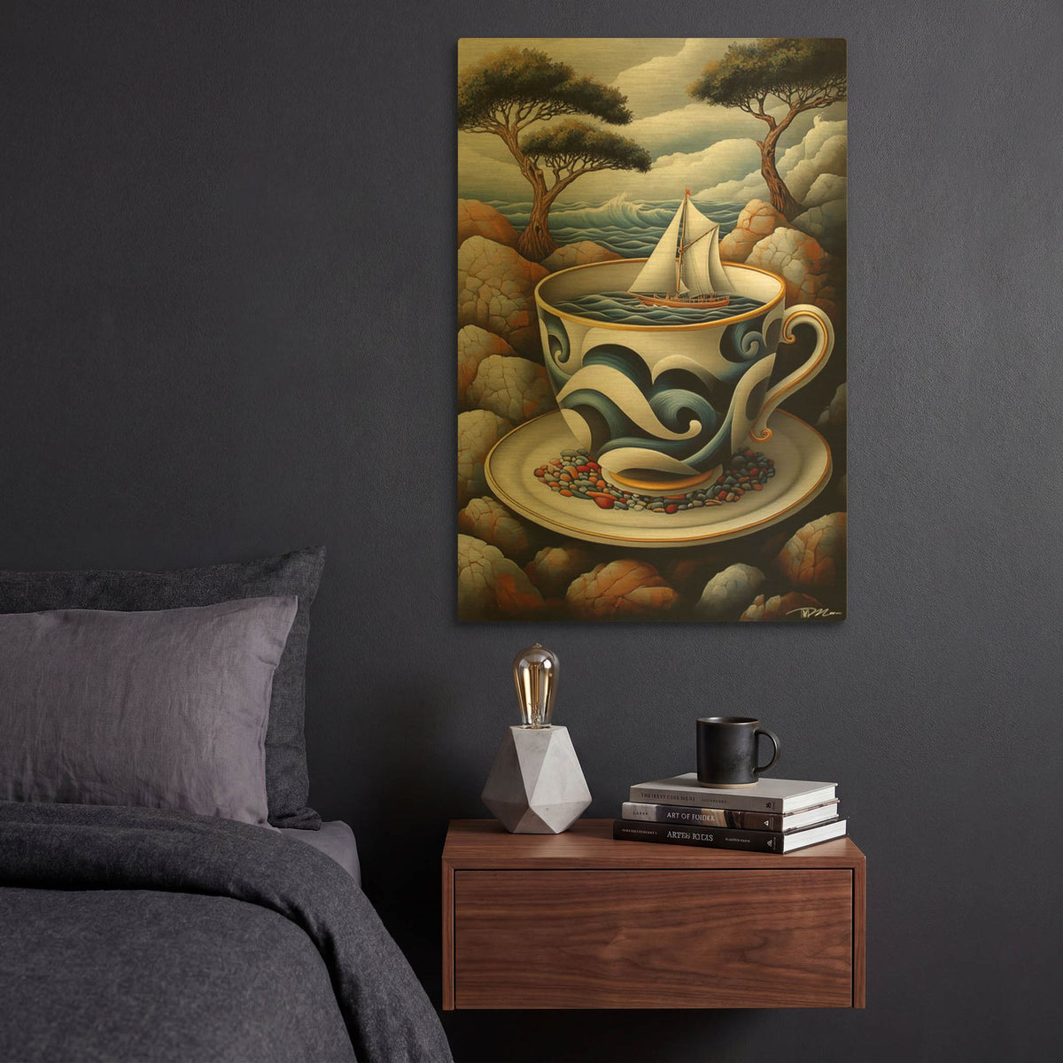 'Surreal Cup By Yourself With Sea And Boat Inside' By Momart Gold Metal Wall Art
