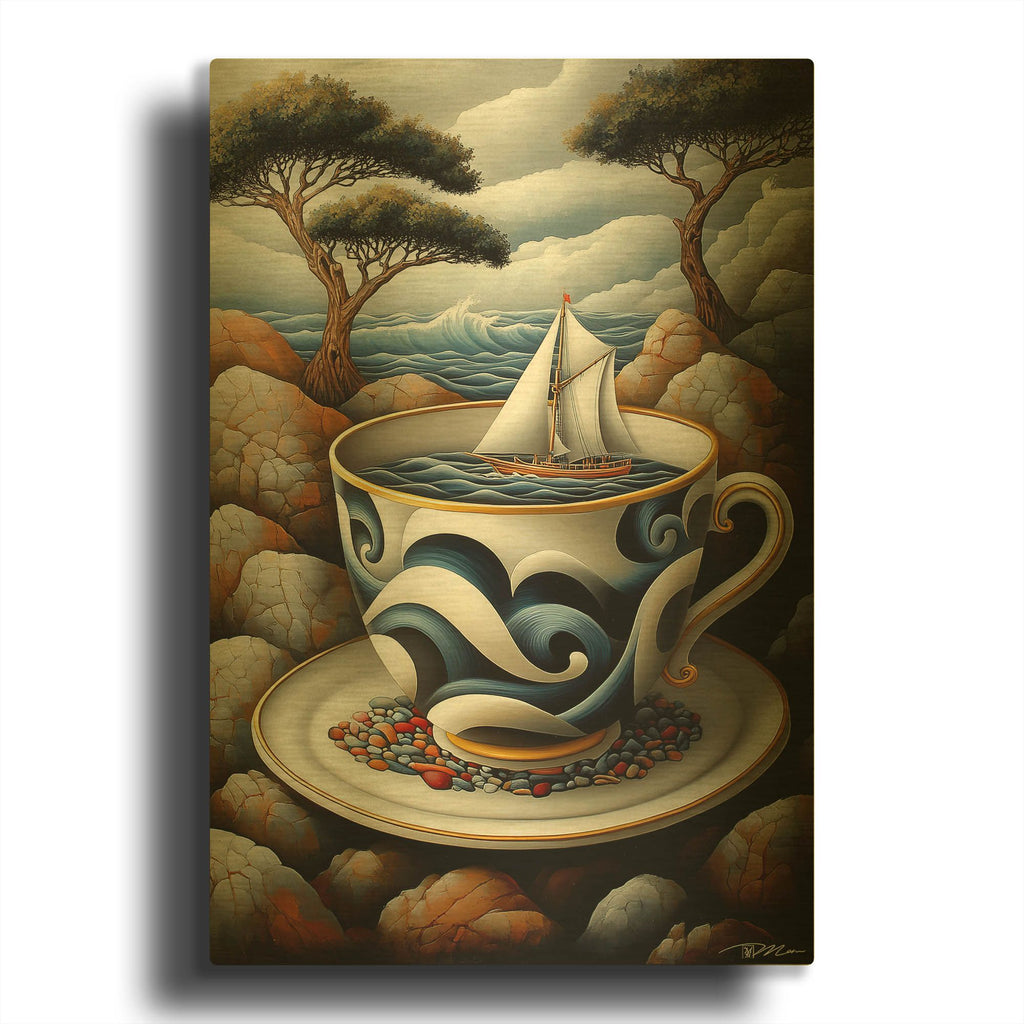 'Surreal Cup By Yourself With Sea And Boat Inside' By Momart Gold Metal Wall Art