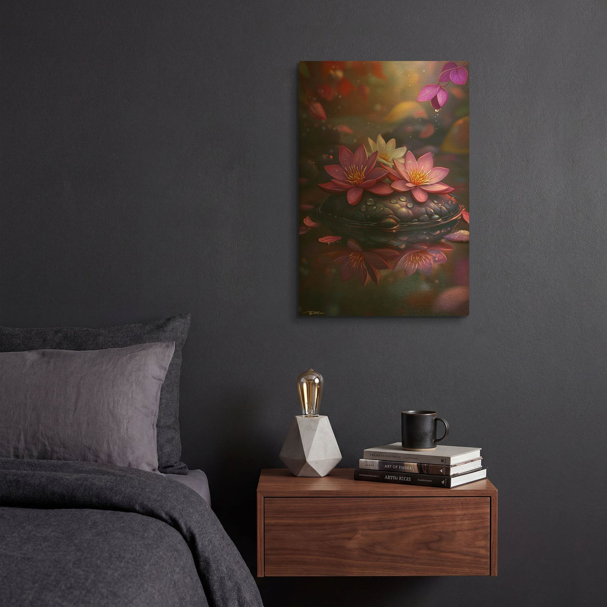 'Three Lotus Flowers On A Rock In The River' By Momart Gold Metal Wall Art