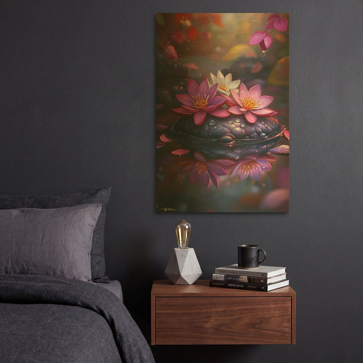 'Three Lotus Flowers On A Rock In The River' By Momart Gold Metal Wall Art