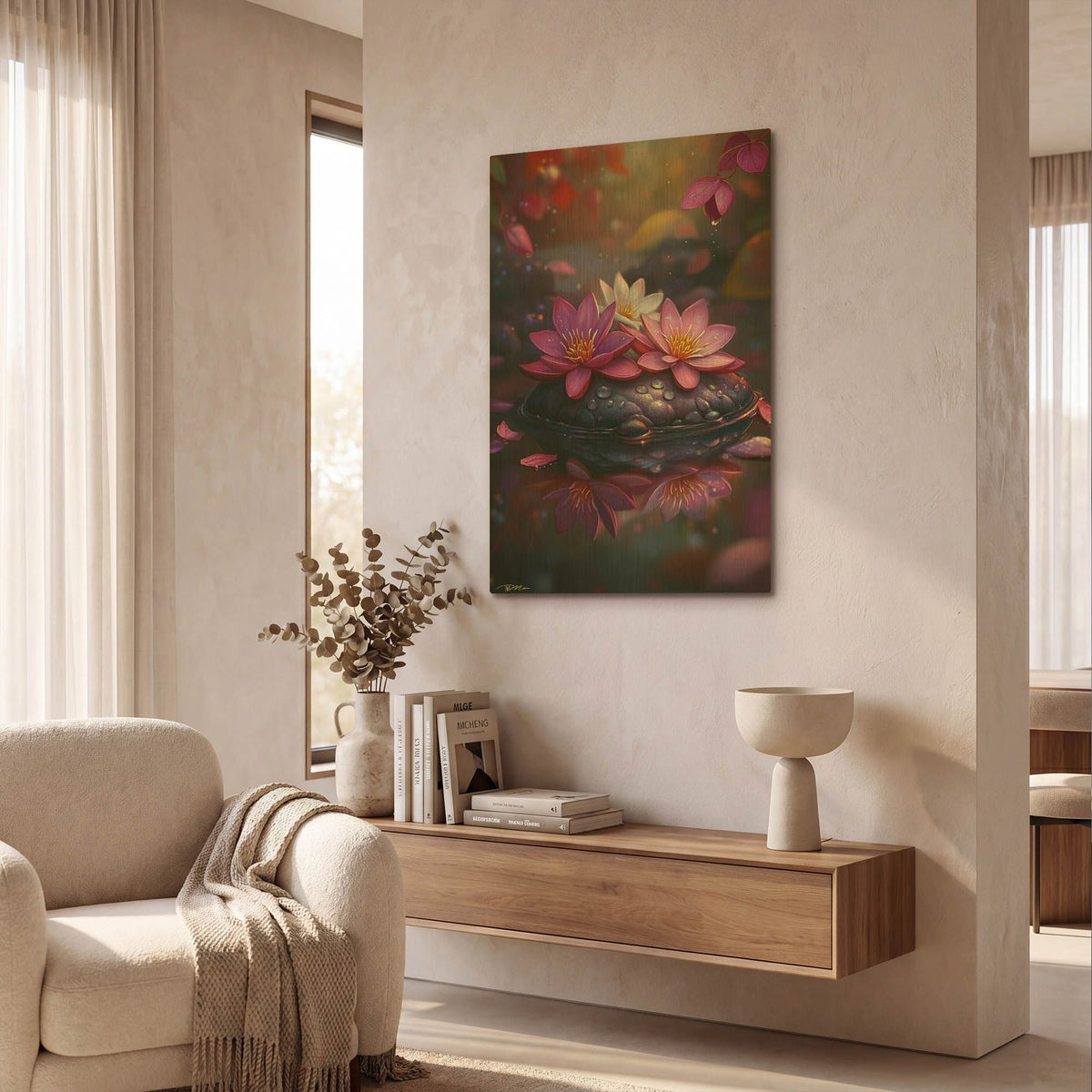 'Three Lotus Flowers On A Rock In The River' By Momart Gold Metal Wall Art