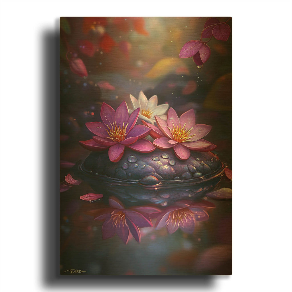 'Three Lotus Flowers On A Rock In The River' By Momart Gold Metal Wall Art