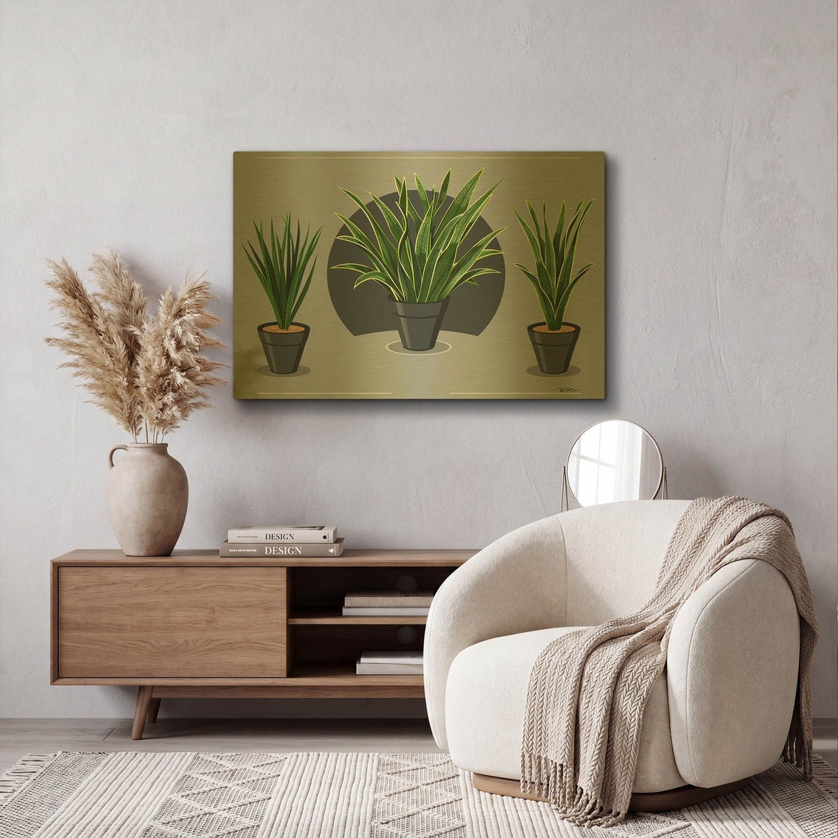 'Vases Of Vector Plants' By Momart Gold Metal Wall Art