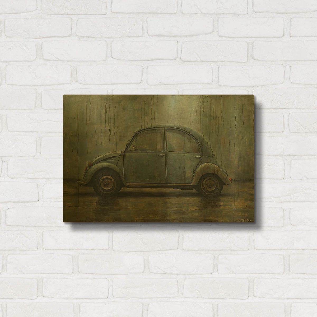 'Vintage Car Under The Rain' By Momart Gold Metal Wall Art