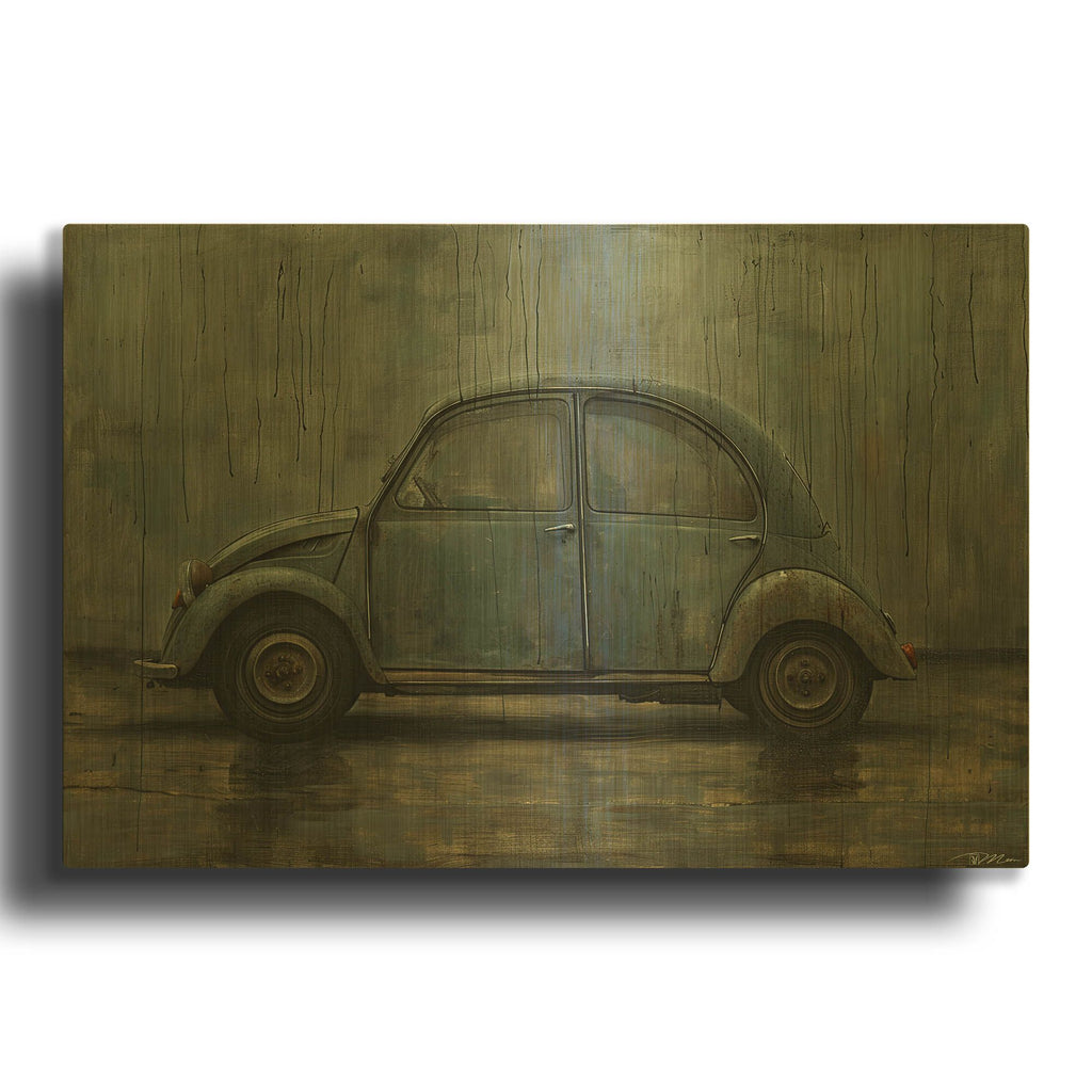 'Vintage Car Under The Rain' By Momart Gold Metal Wall Art