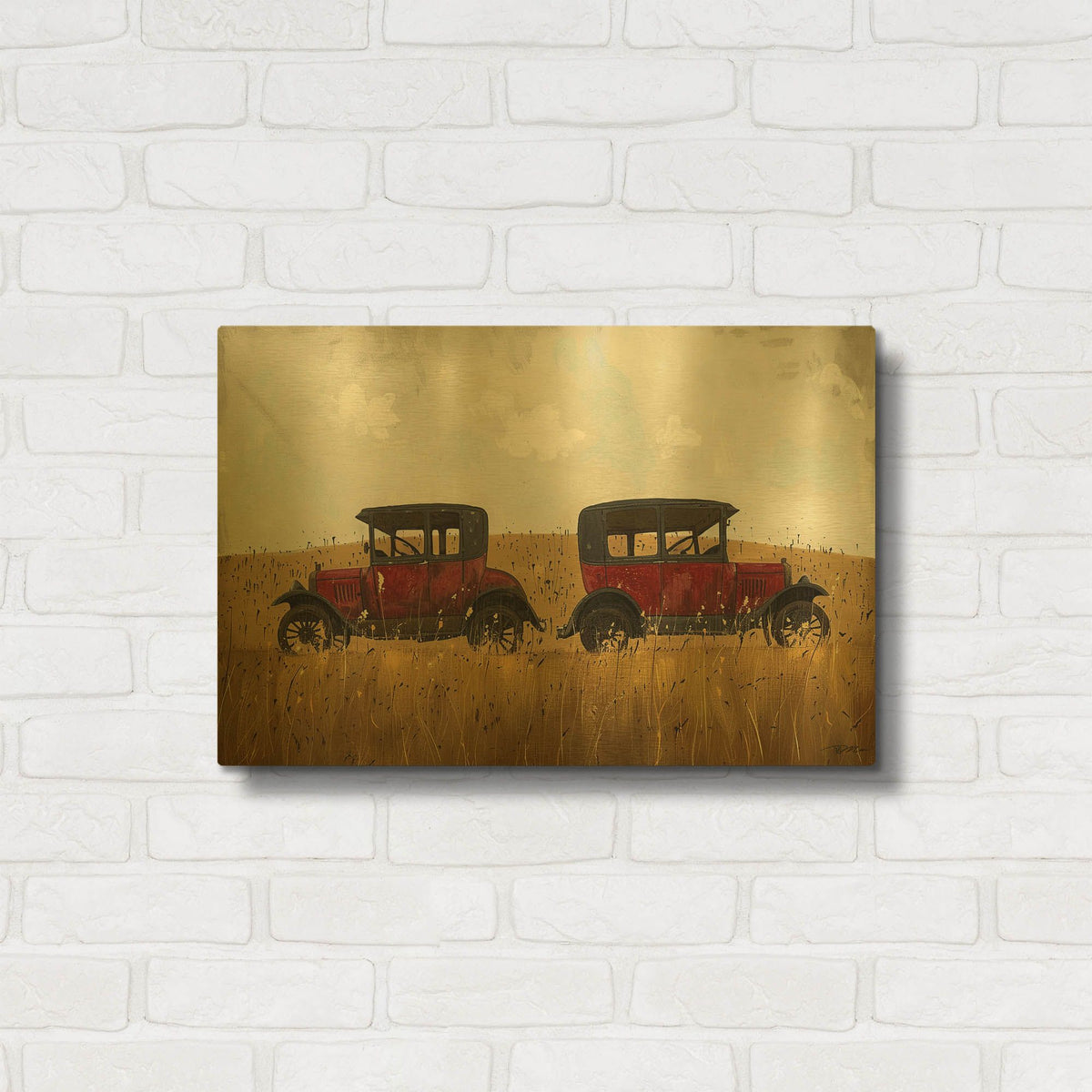 'Vintage Cars In Wheat' By Momart Gold Metal Wall Art