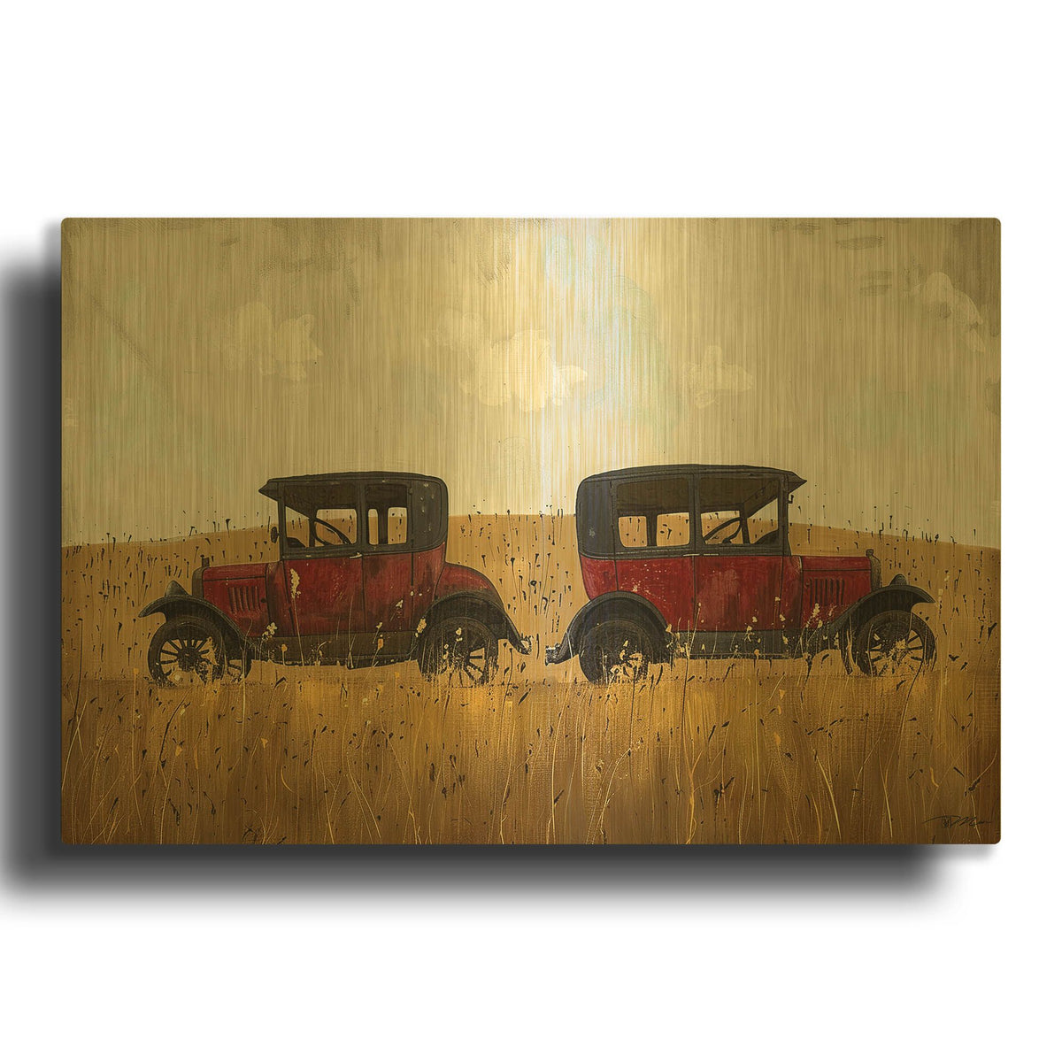 'Vintage Cars In Wheat' By Momart Gold Metal Wall Art