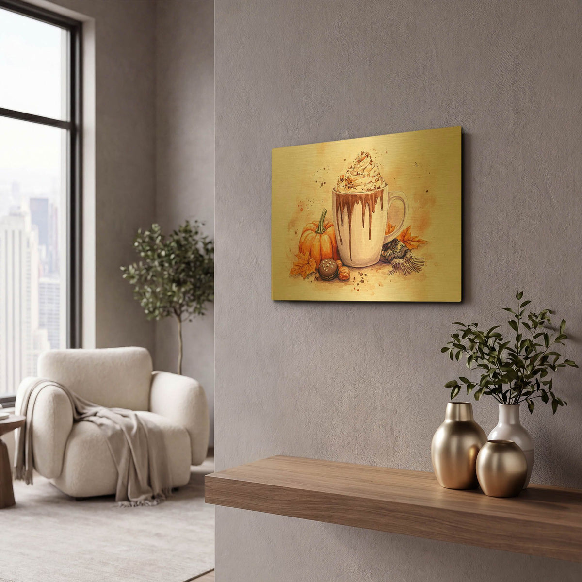 'White Chocolate And Cream With Pumpkin' By Momart Gold Metal Wall Art