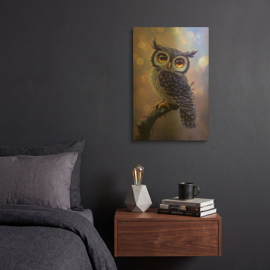 'Young Blue Owl With Big Yellow Eyes' By Momart Gold Metal Wall Art