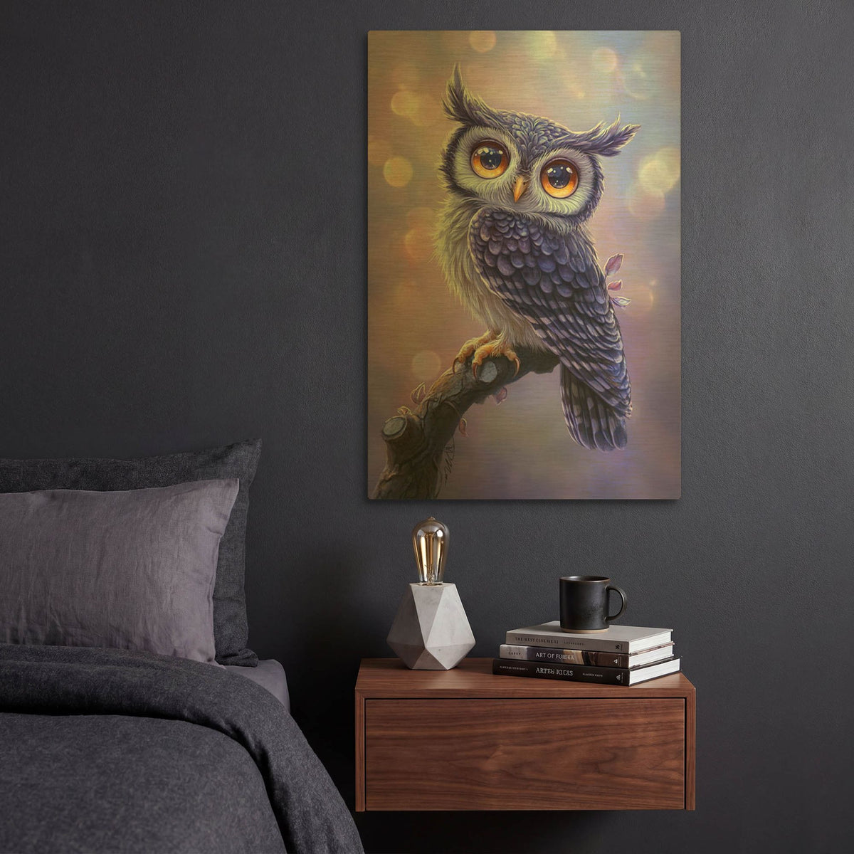 'Young Blue Owl With Big Yellow Eyes' By Momart Gold Metal Wall Art