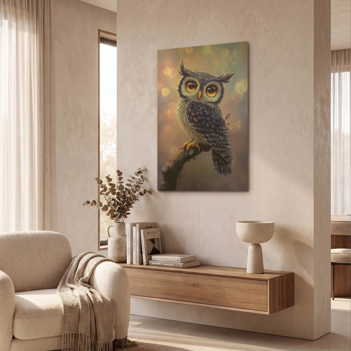 'Young Blue Owl With Big Yellow Eyes' By Momart Gold Metal Wall Art
