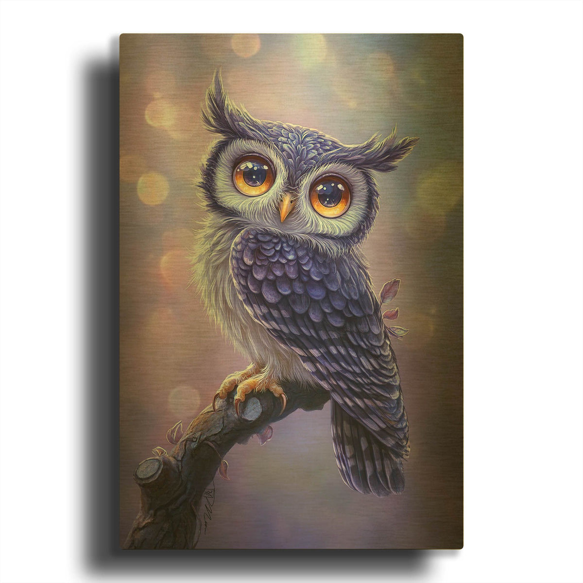 'Young Blue Owl With Big Yellow Eyes' By Momart Gold Metal Wall Art