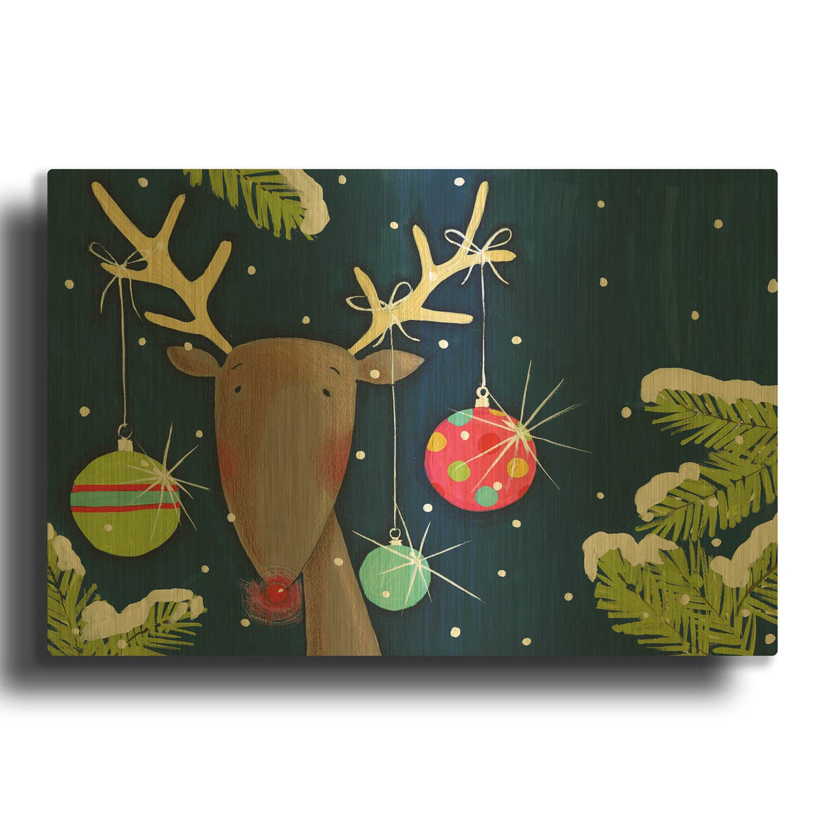 'Bright Christmas Deer Blue' By Anne Tavoletti Gold Metal Wall Art