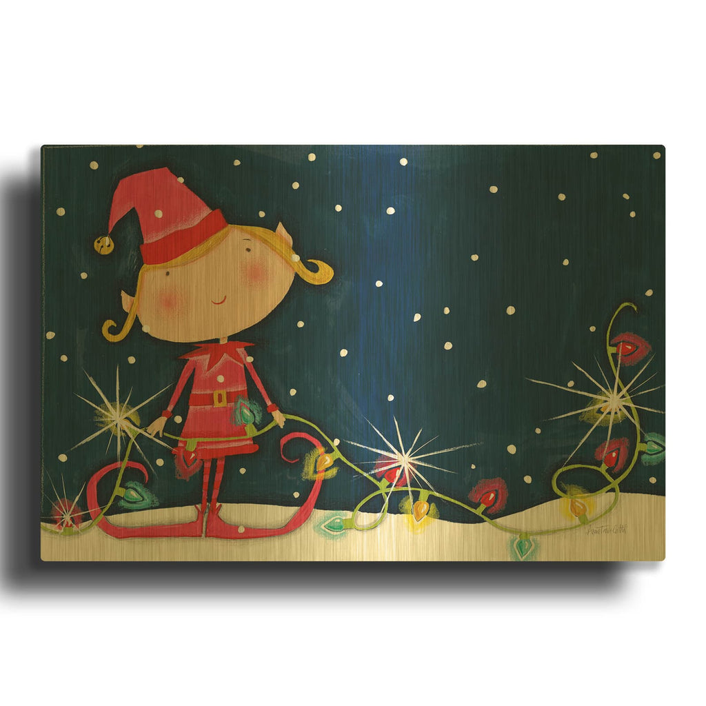 'Bright Christmas Lights Elf Blue' By Anne Tavoletti Gold Metal Wall Art