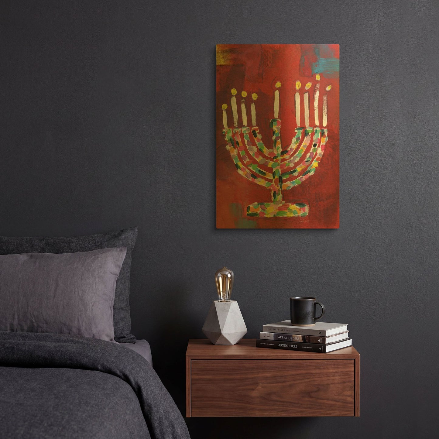 'Colorful Menorah' By Linda Woods Gold Metal Wall Art