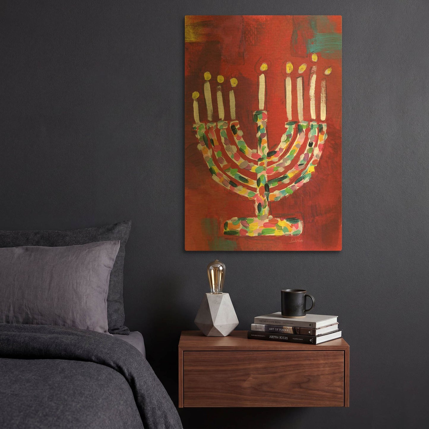 'Colorful Menorah' By Linda Woods Gold Metal Wall Art