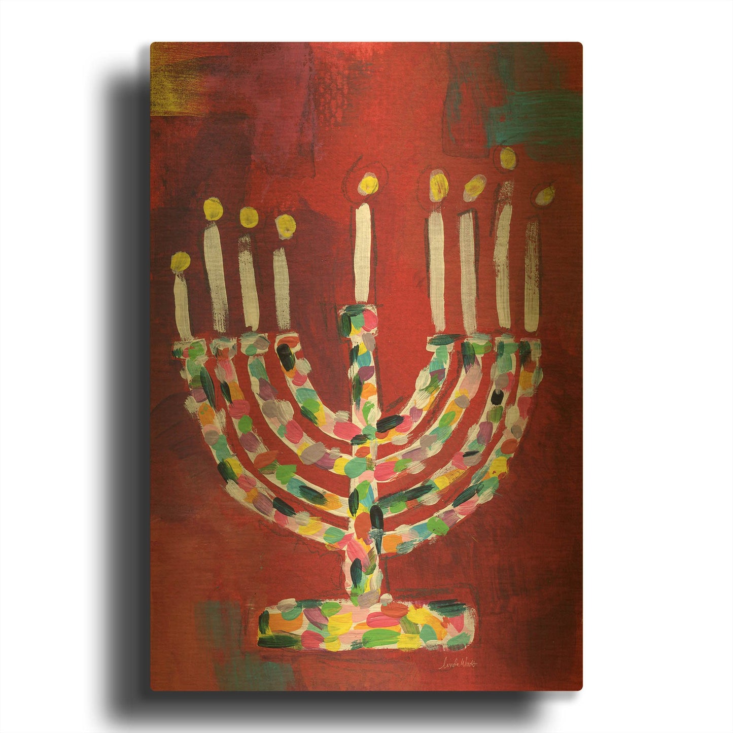 'Colorful Menorah' By Linda Woods Gold Metal Wall Art