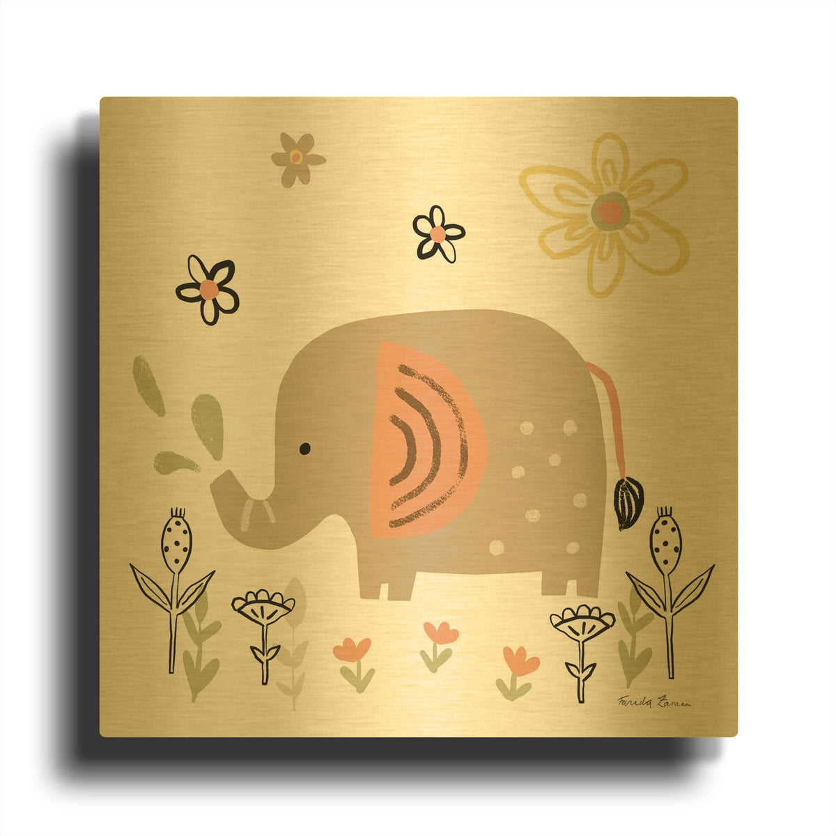 'Baby Elephant' By Farida Zaman Gold Metal Wall Art