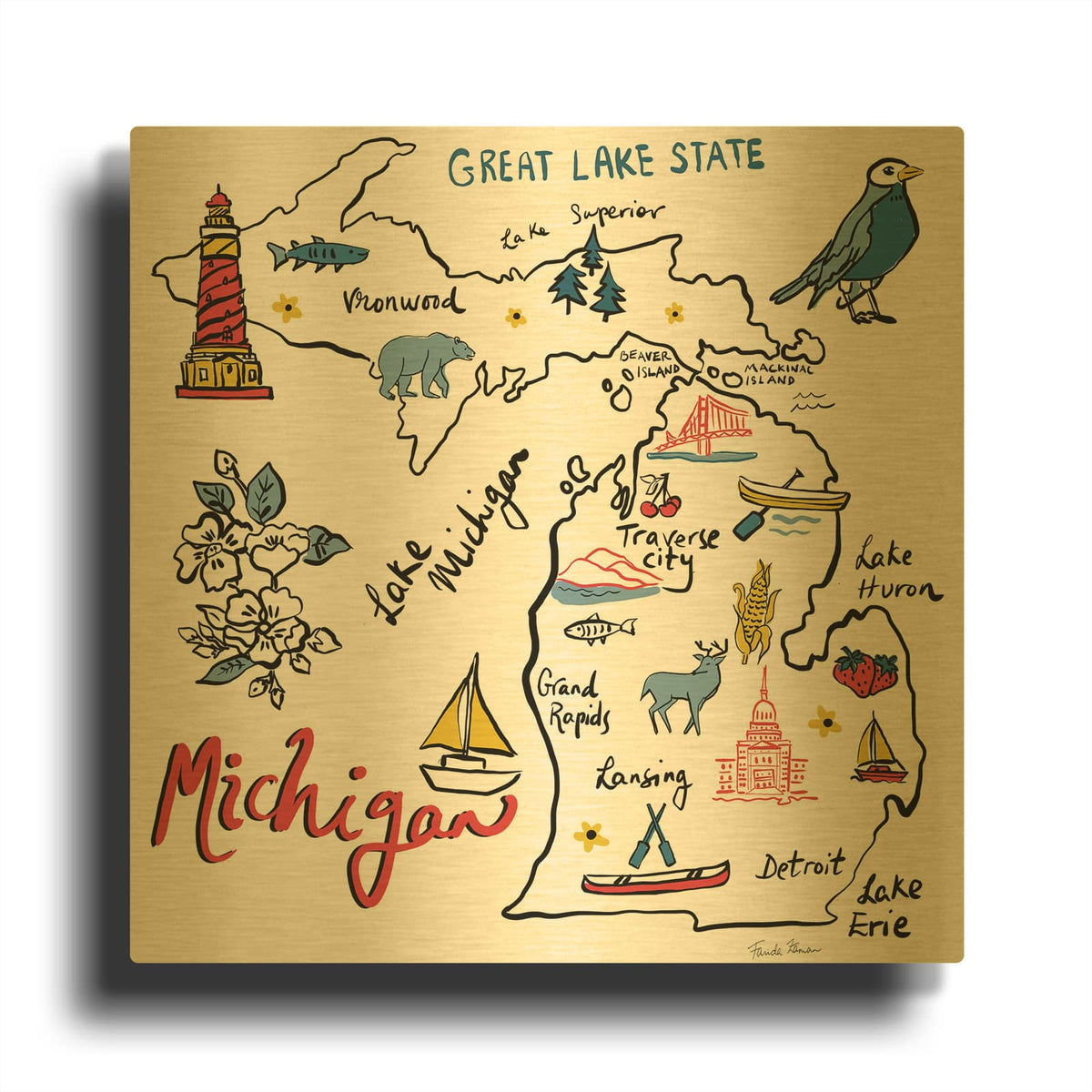 'Michigan' By Farida Zaman Gold Metal Wall Art