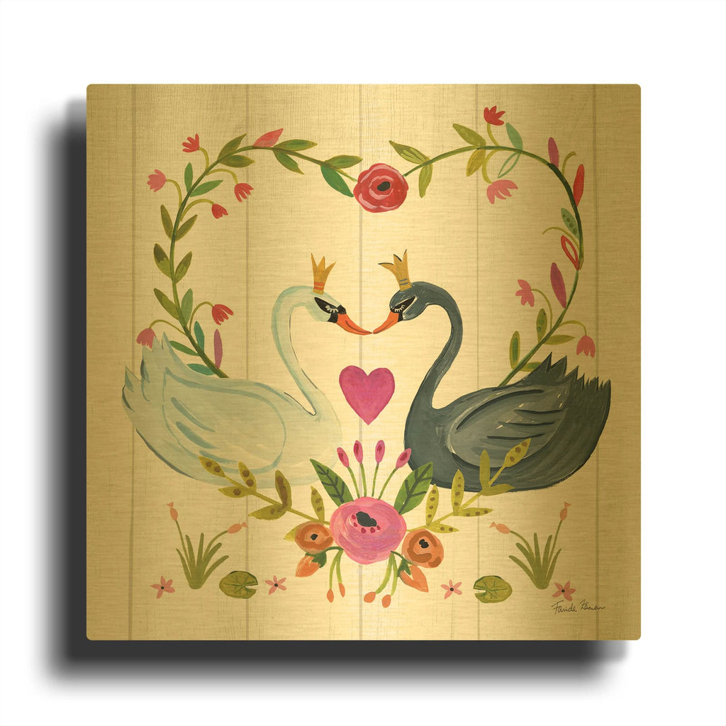 'Swan Love 3' By Farida Zaman Gold Metal Wall Art