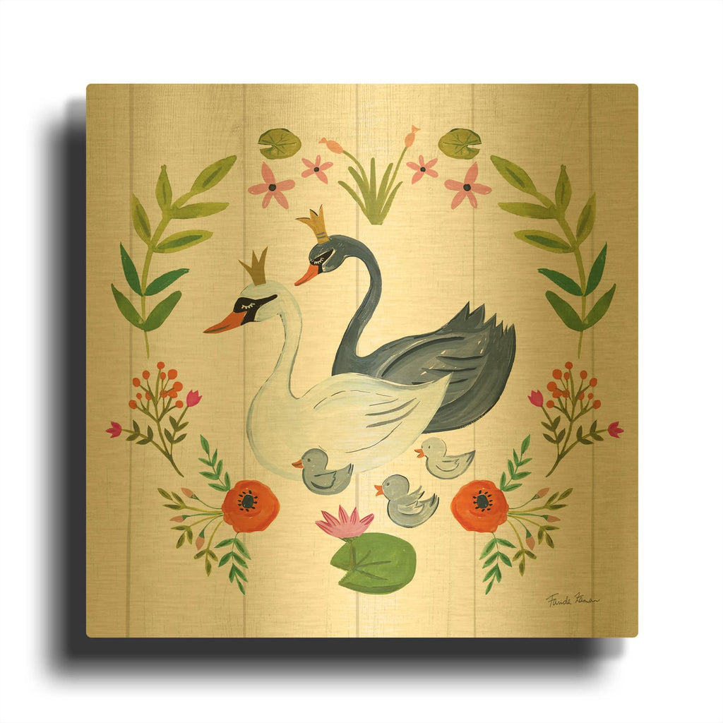 'Swan Love 4' By Farida Zaman Gold Metal Wall Art