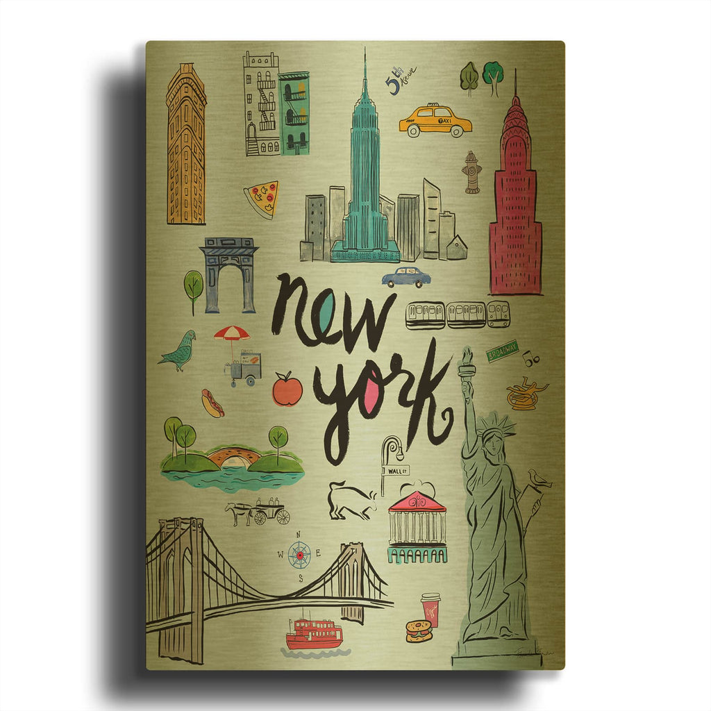 'Travel NYC Blue' By Farida Zaman Gold Metal Wall Art