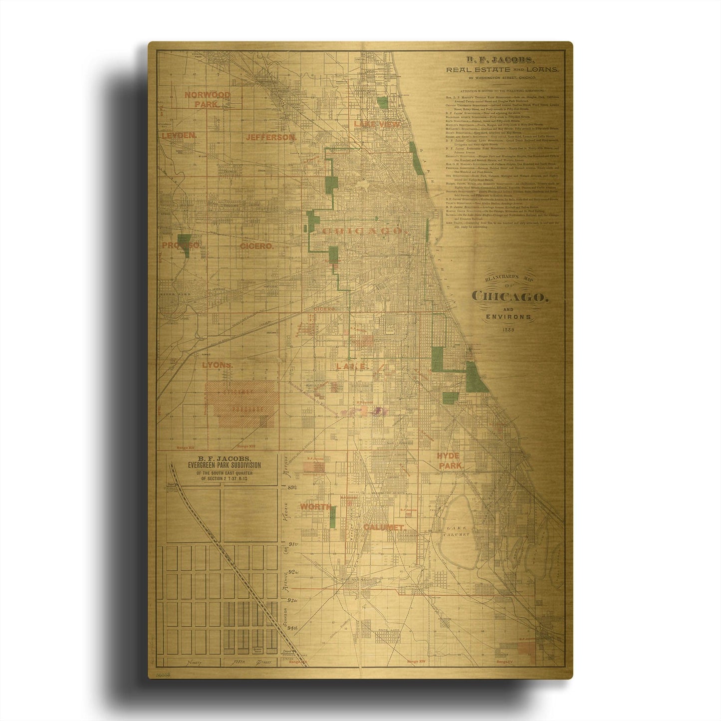 'Chicago 1889 Map' By Wild Apple Portfolio Gold Metal Wall Art
