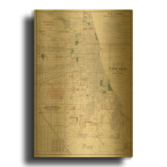 'Chicago 1889 Map' By Wild Apple Portfolio Gold Metal Wall Art