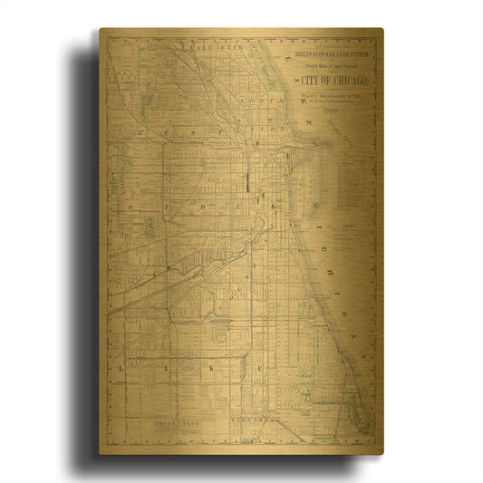 'City of Chicago Map 1888' By Wild Apple Portfolio Gold Metal Wall Art