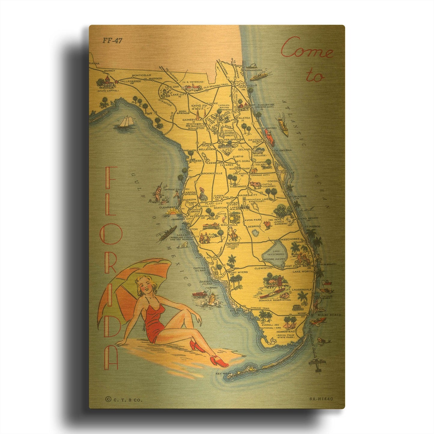 'Florida Postcard 6' By Wild Apple Portfolio Gold Metal Wall Art
