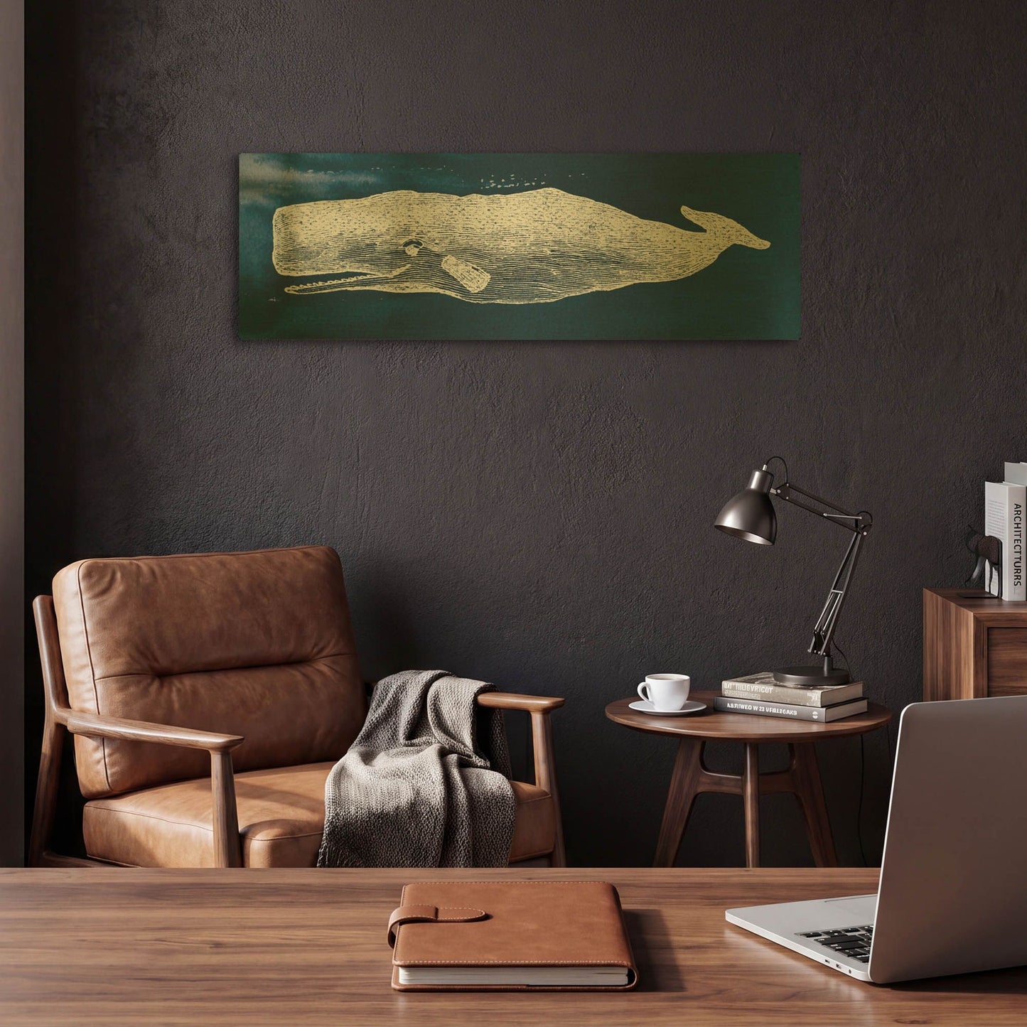 'Whale on Blue' By Wild Apple Portfolio Gold Metal Wall Art