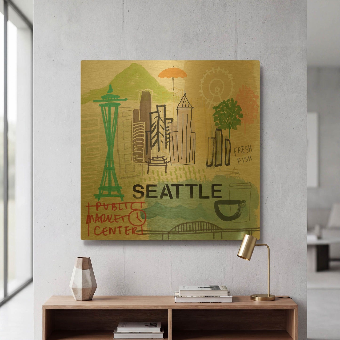 'Seattle' By Linda Woods Gold Metal Wall Art